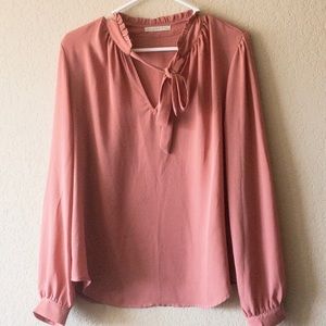 Pink ruffle neck work blouse with tie